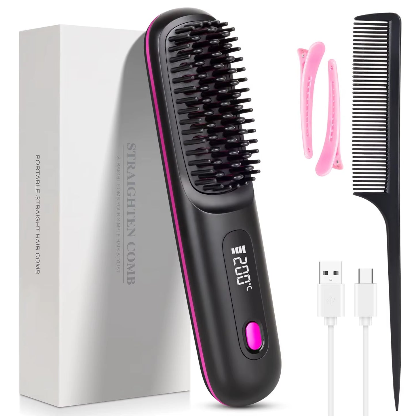Upgrade Portable Straightener Brushs for Travel with LCD Temperature Display Fast Heating Cordless Mini Hair Brushs for Women