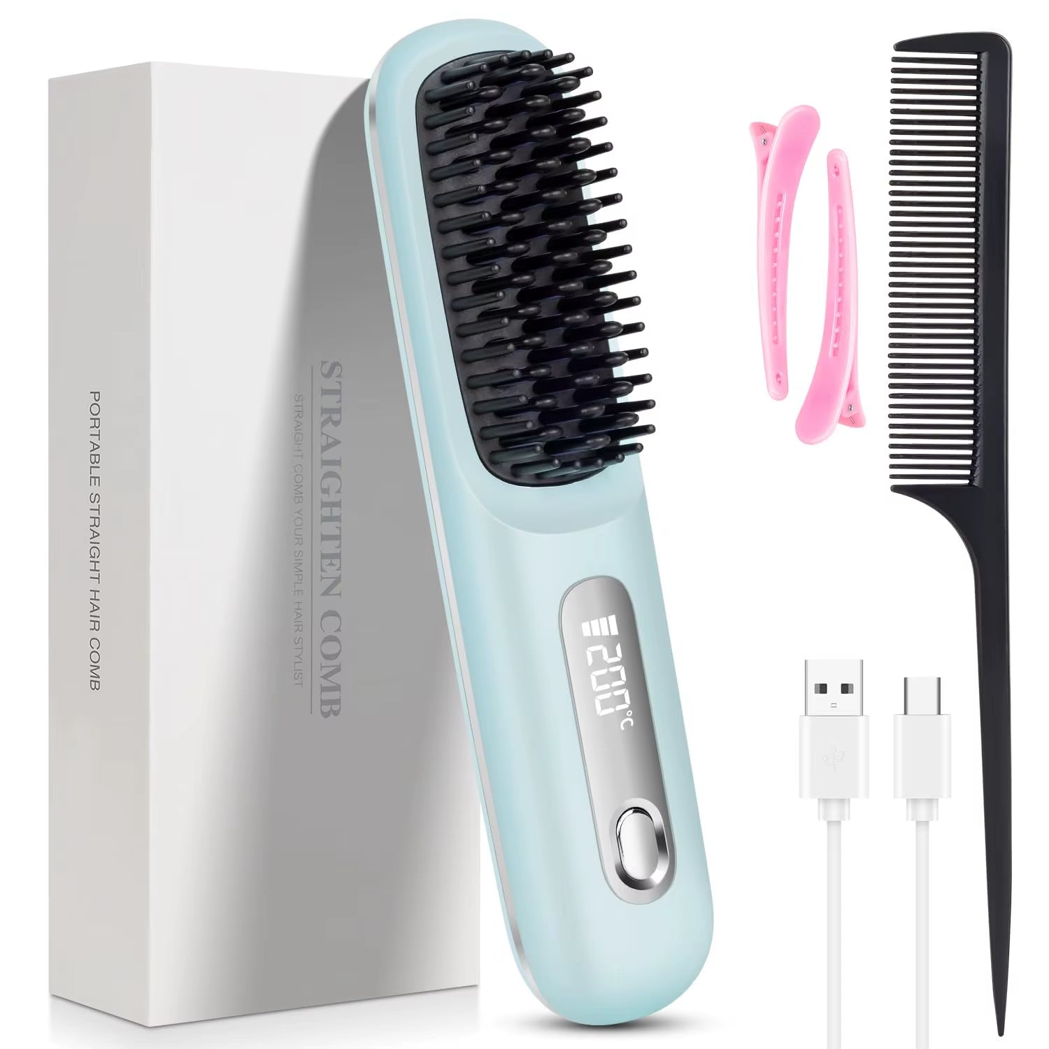 Upgrade Portable Straightener Brushs for Travel with LCD Temperature Display Fast Heating Cordless Mini Hair Brushs for Women